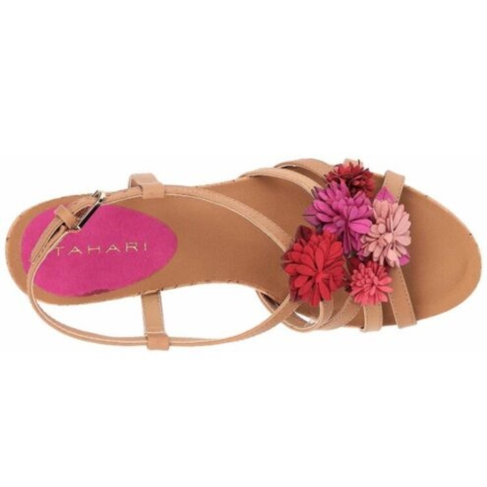 Tahari Favor Leather Floral Wedge Sandal 8.5M